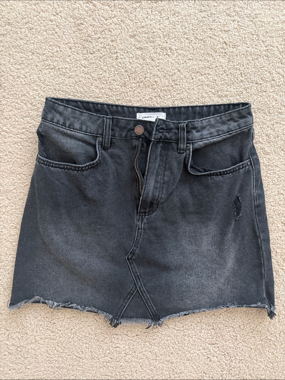 O'Neill Washed Black Denim Frayed-Hem Mini Skirt